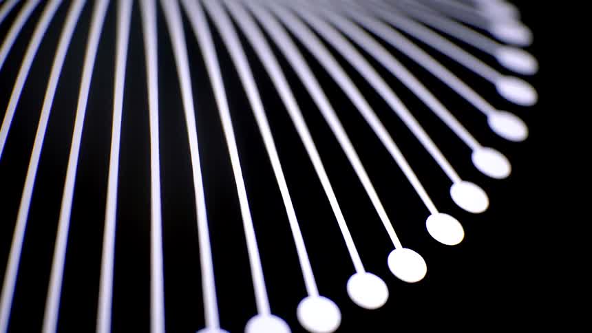 Closeup of evenly spaced glowing white lines with rounded tips radiating across a black background