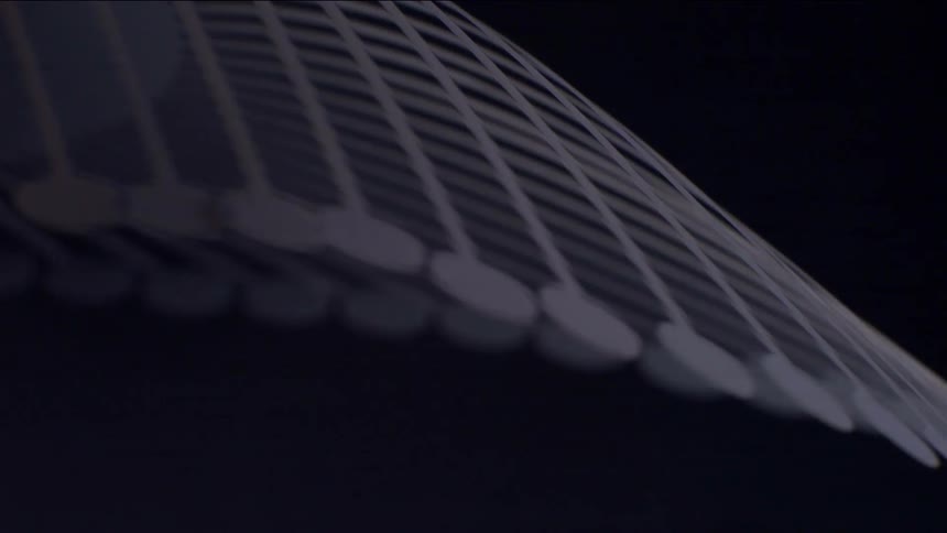 Parallel curved lines with circular points extend in perspective against a dark background