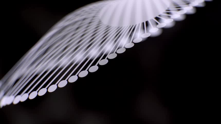 Closeup of a luminous white pattern of interconnected lines and dots against a dark background