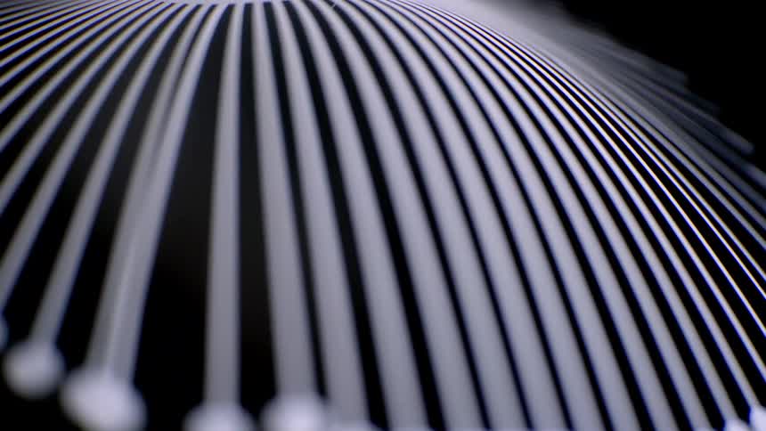 Parallel curved lines end in circular points composing a geometric pattern against a dark background