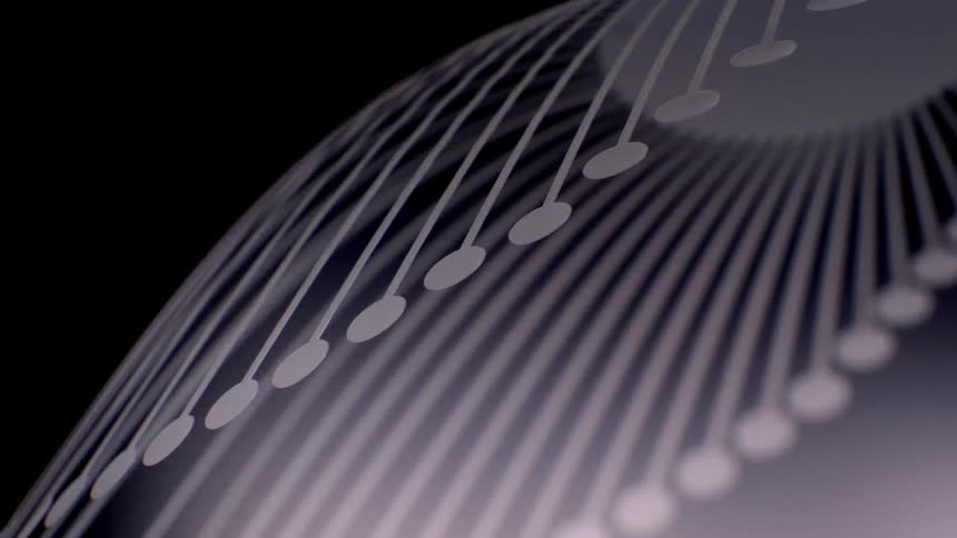 Light lines ending in circular points curve in sequence over a dark surface with a smooth gradient
