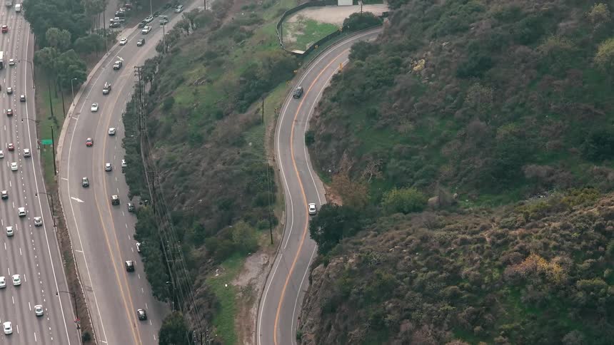 Aerial view of a highway with heavy traffic