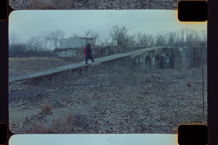 Person crossing narrow stone bridge in barren landscape with leafless trees