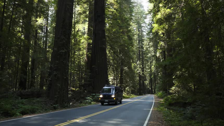 A van drives down a small road