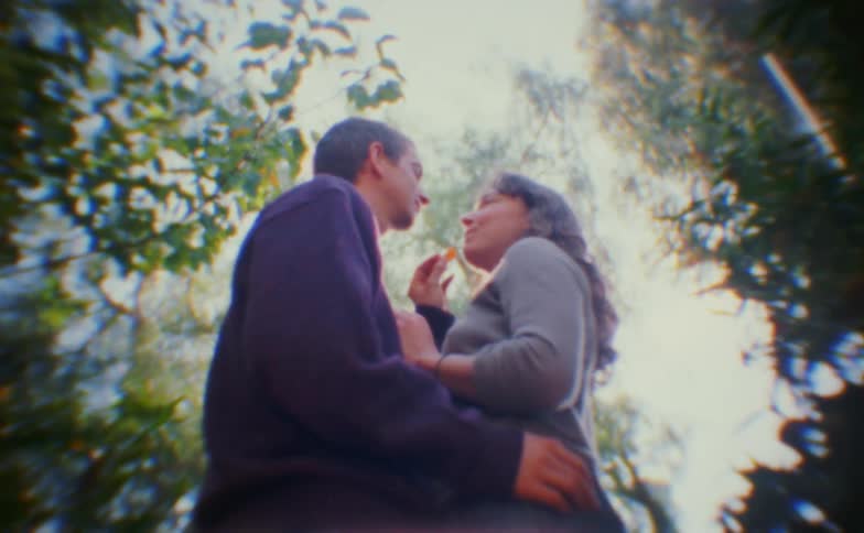 Couple stands very close beneath trees with natural light filtering through the sky