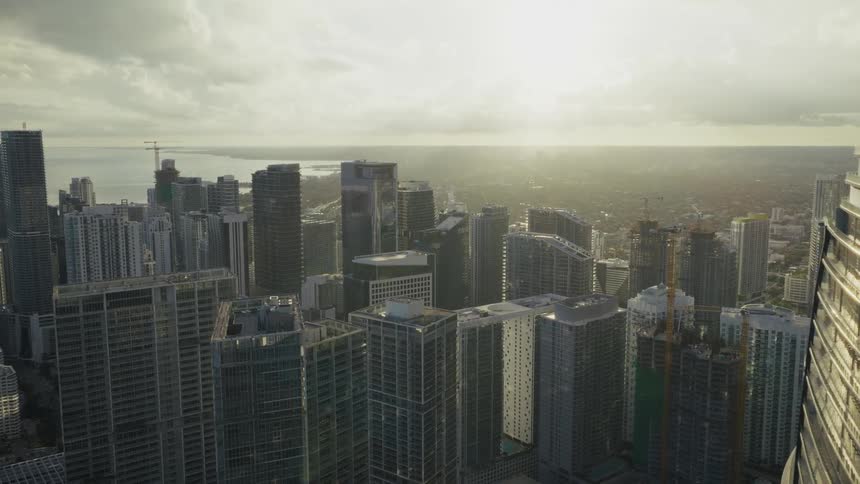 Helicopter view skyscrapers in downtown Miami metropolis
