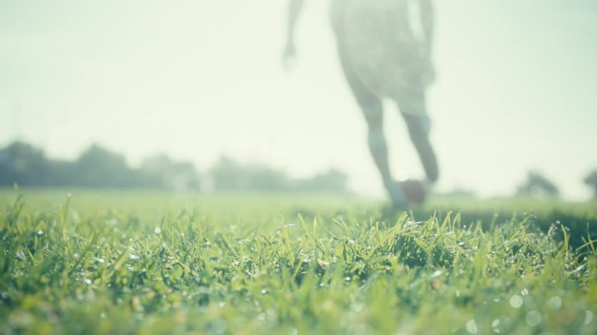 A person kicking a soccer ball in a field