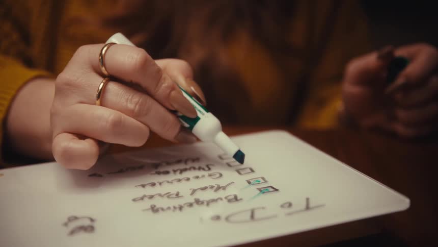 A woman holds a marker and checks off items written on a piece of paper lying on the desk in front of her