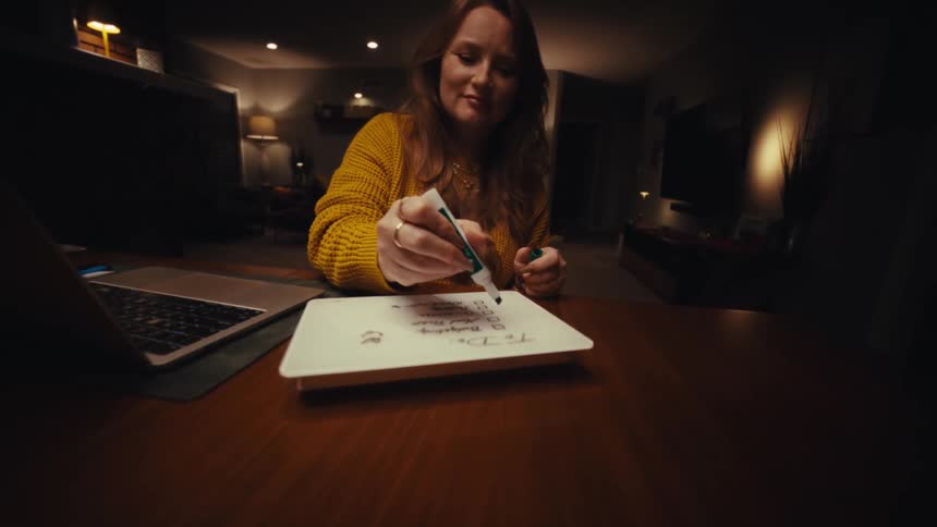 Close up of a young woman using a laptop and marking a todo list while working at a table indoors at night