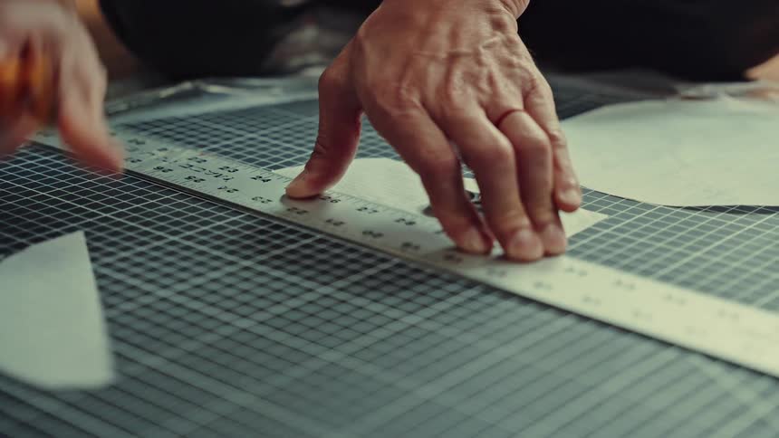 Person with a ruler cutting a piece of white paper
