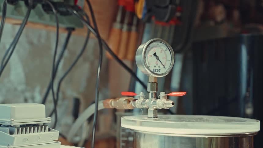 Measuring cup in a metal gallon container in an indoor space