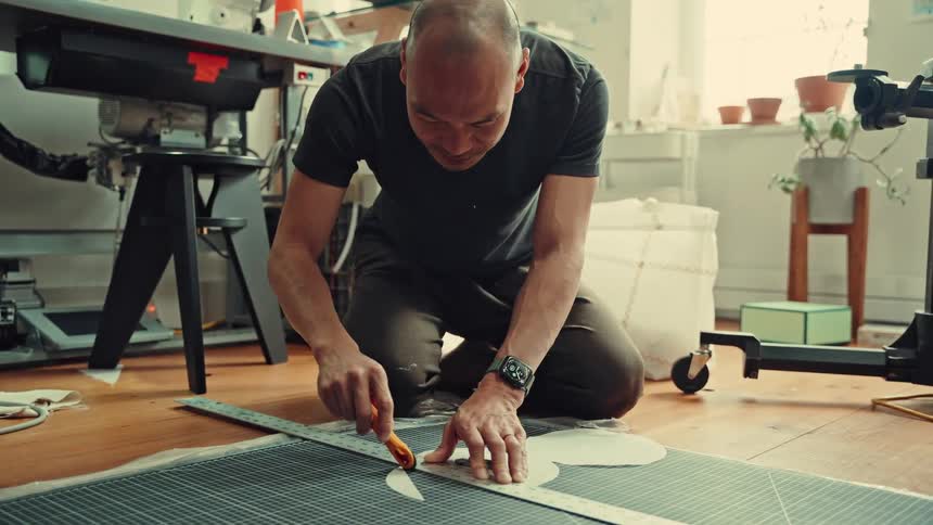 A man kneels on a workshop floor using a rotary cutter and a metal ruler to carefully cut out white fabric patterns on a workshop