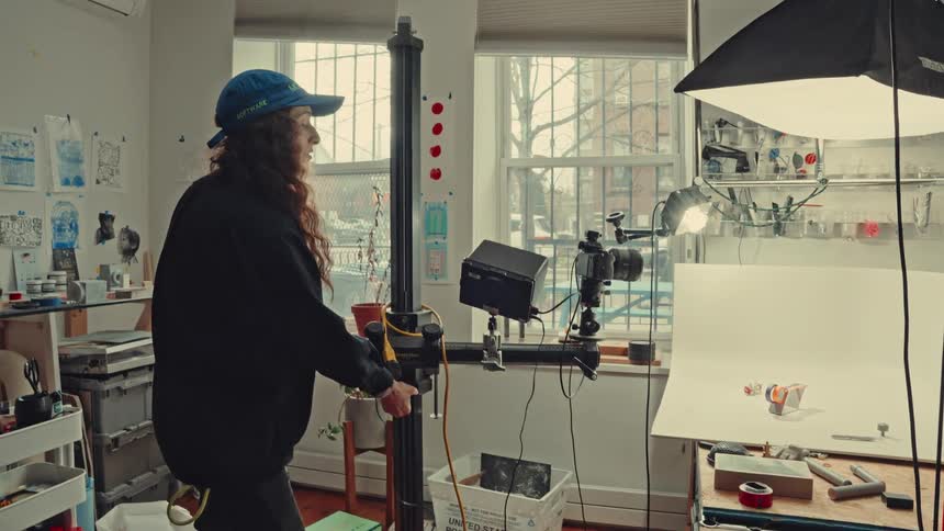 Woman adjusts the height of a camera stand in her workshop during the daytime