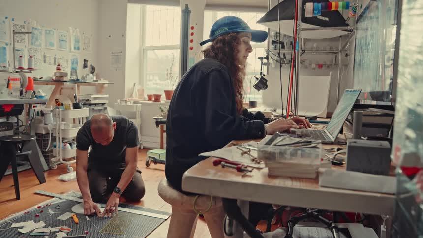 Young adult woman wearing a baseball cap sitting and typing on a laptop computer over a desk next to an asian man kneeling on the floor cutting shapes indoors during day time