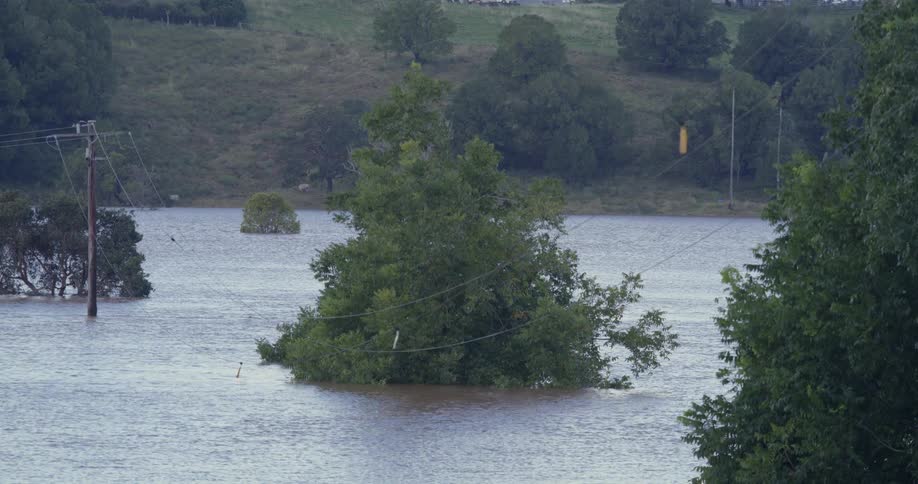 A wide shot shows a rural area devastated by flooding with trees and power lines submerged in murky water