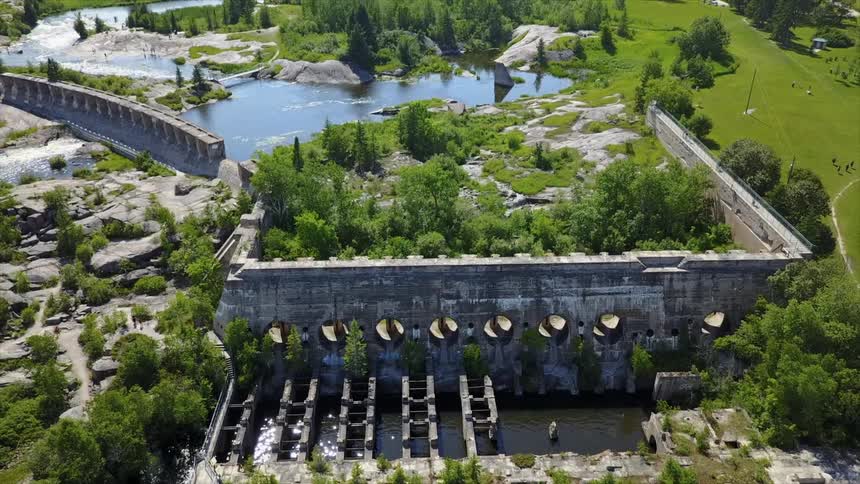 A body of water with a dam surrounded by trees and grass