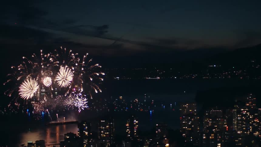 A series of fireworks bursts across the night sky above the city their bright colors illuminating the skyline with vibrant light