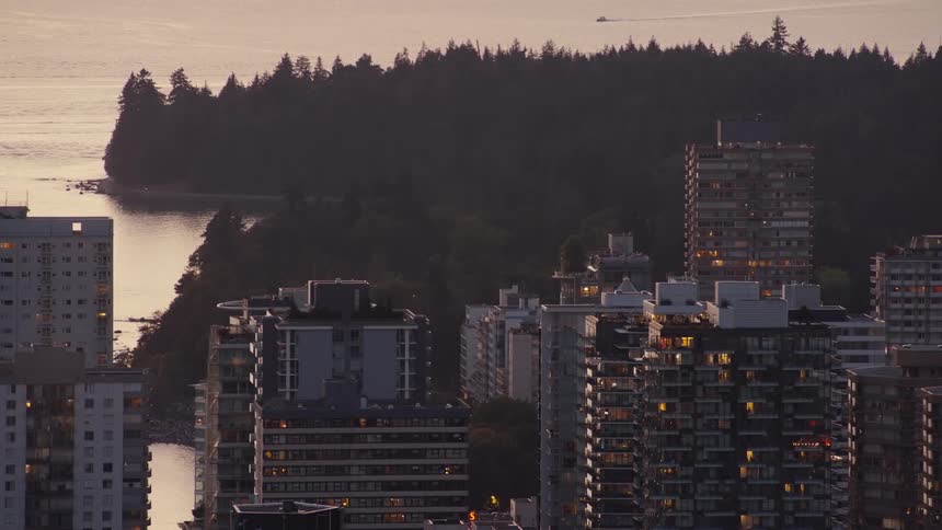 A city filled with several tall buildings is located near a coastal forest