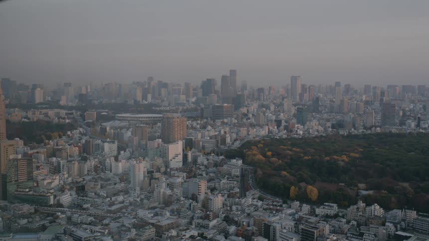 A city skyline and a natural park under a hazy morning sky showcasing a mix of tightly packed residential buildings tall commercial skyscrapers and colorful autumn trees across the park