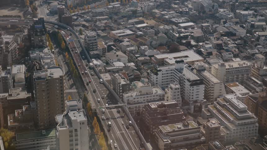An aerial view of a highway in a city