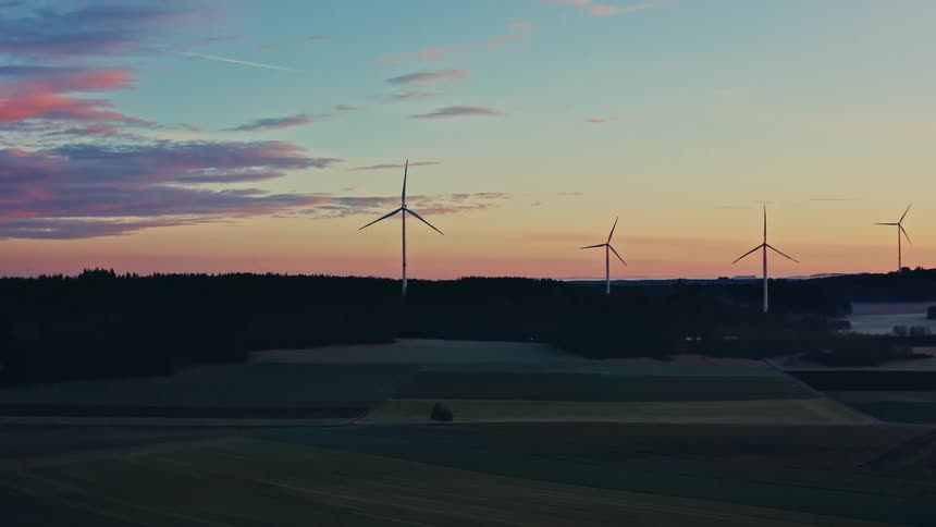 Turbines spinning at dusk