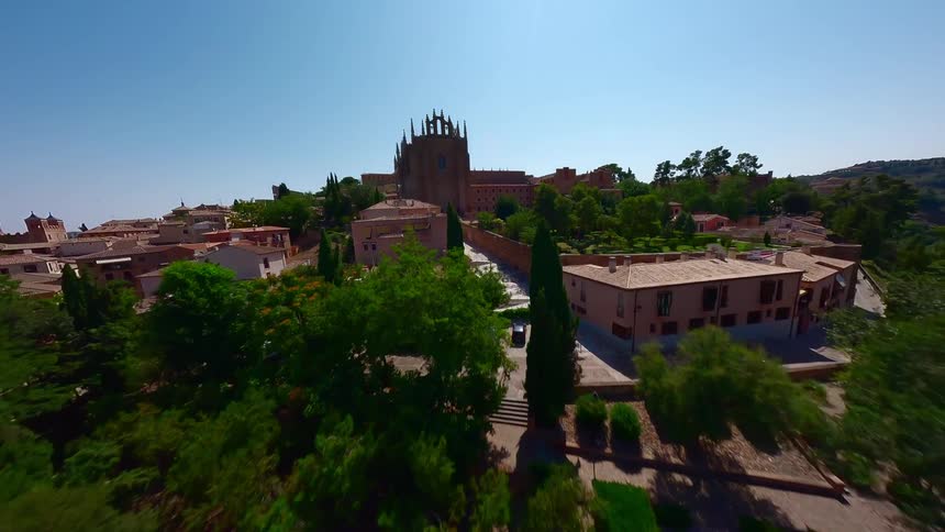 Classic town with a medieval church by a lake