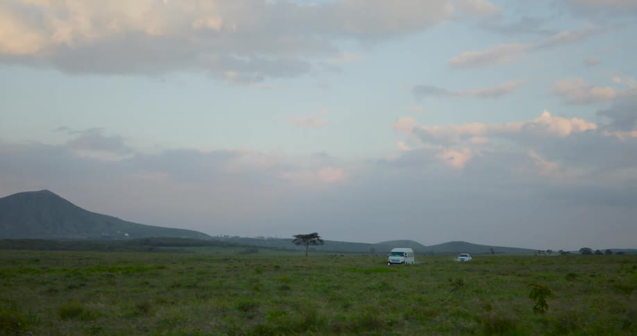 Two white cars in the middle of a green field with mountains on the horizon