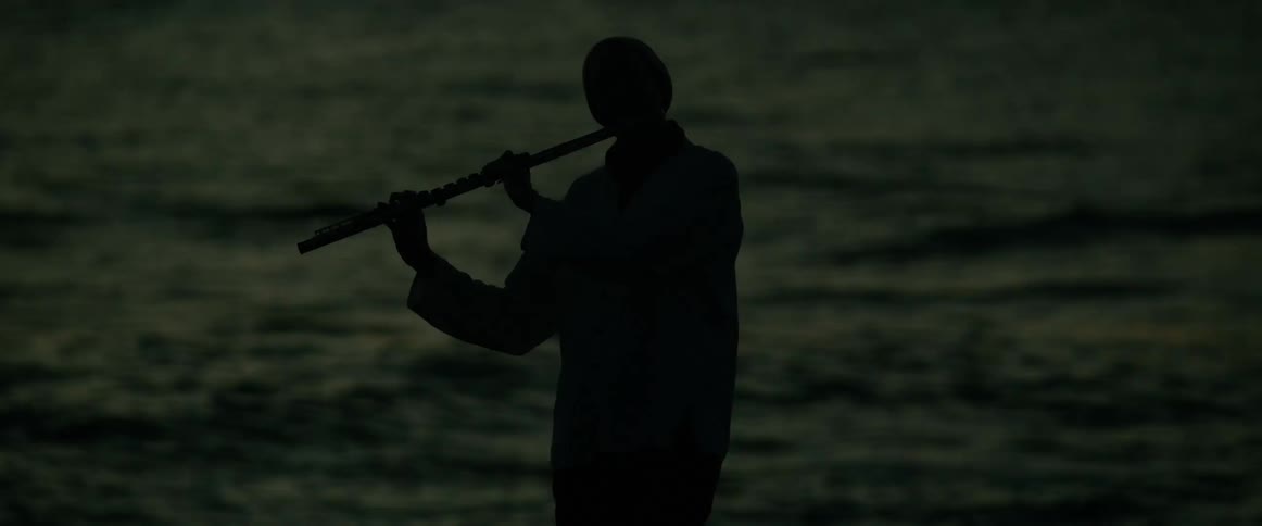 The person is standing out in the water in the darkness playing a wind instrument