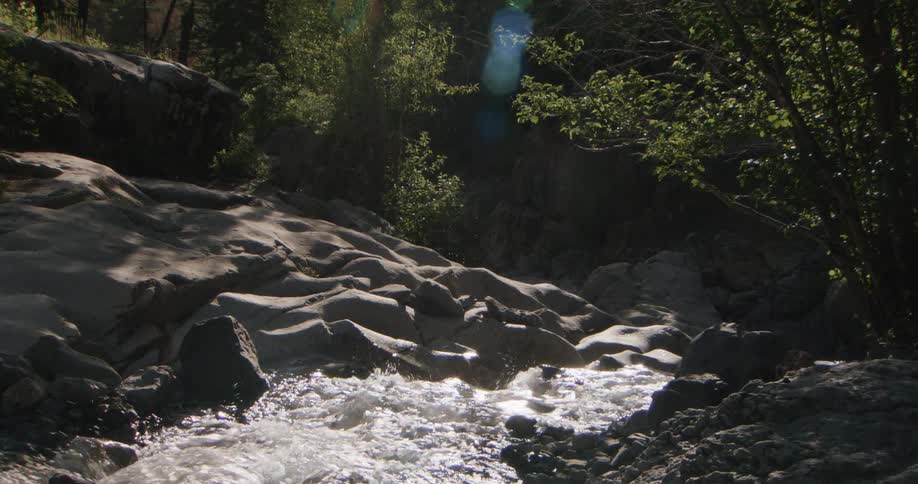 Water flows over rocks in a mountain stream