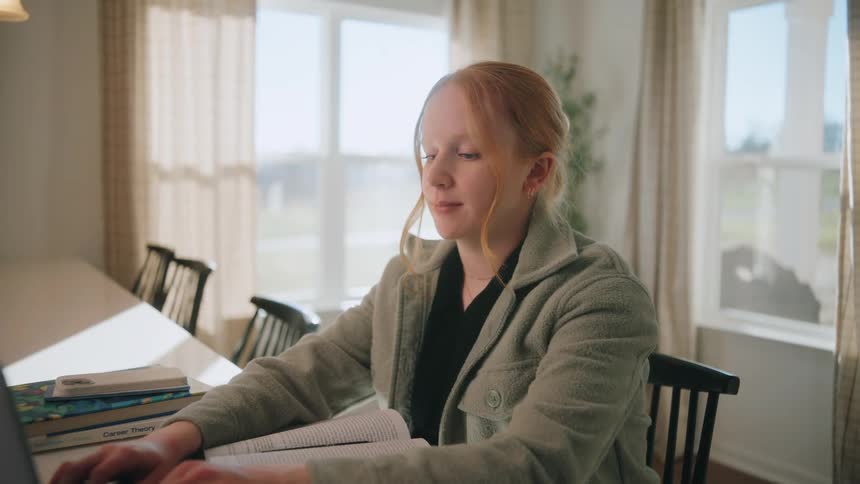 A focused woman types on her laptop while studying at a sunlit kitchen counter