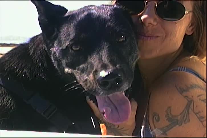 In this short handheld video clip a woman with blonde hair and sunglasses smiles warmly while petting her black dogthe scene takes place outdoors on a sunny day with a coastal landscape and a few parked vehicles visible in the background