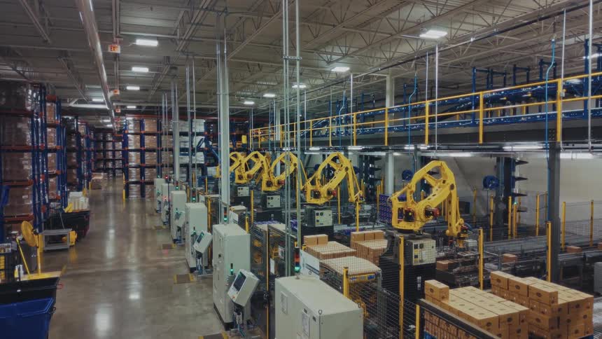 Yellow industrial robots sort and stack cardboard boxes onto pallets within a large modern automated warehouse featuring high storage racks and a mezzanine level