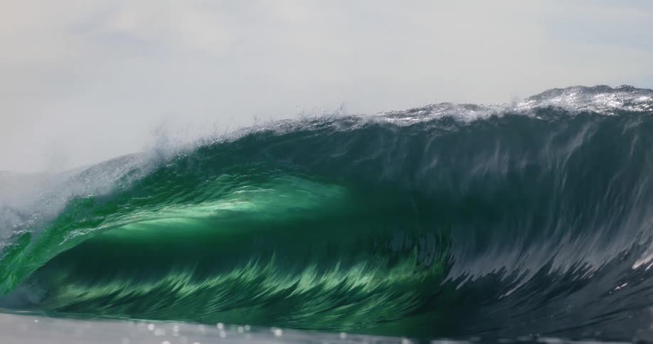 Sunlight shines on a wave as it splashes and curls rolling into shore
