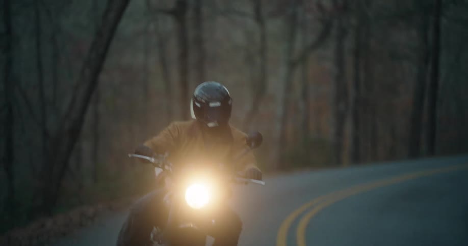 Two people traveling by motorcycle along a highway surrounded by trees