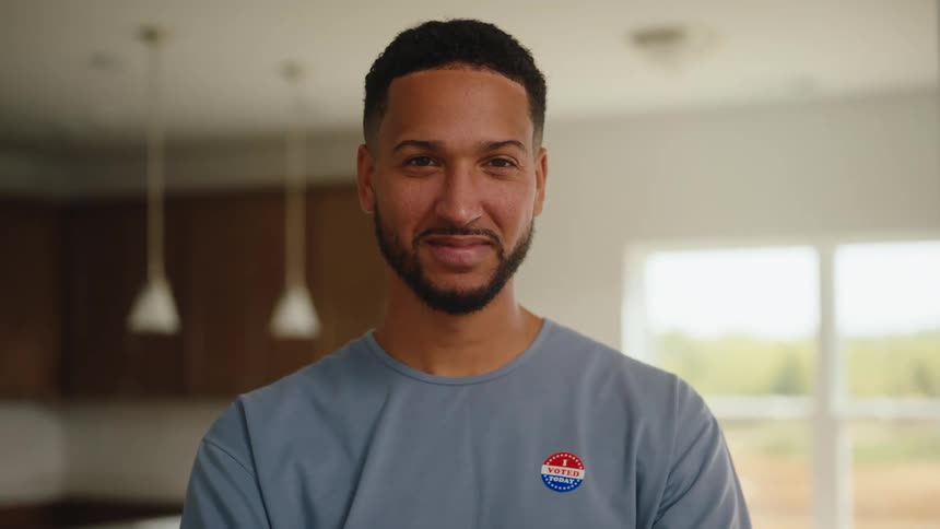 Man indoors wears a blue shirt with a voting sticker on the chest positioned in front of a welllit kitchen