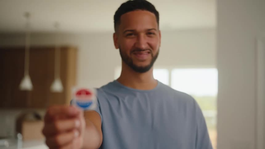 A man holding a sticker in a room