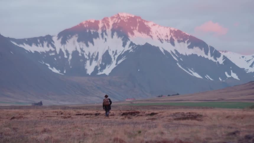 A solitary figure stands in a vast open plain facing a towering snowstreaked mountain whose peak glows softly with pink light