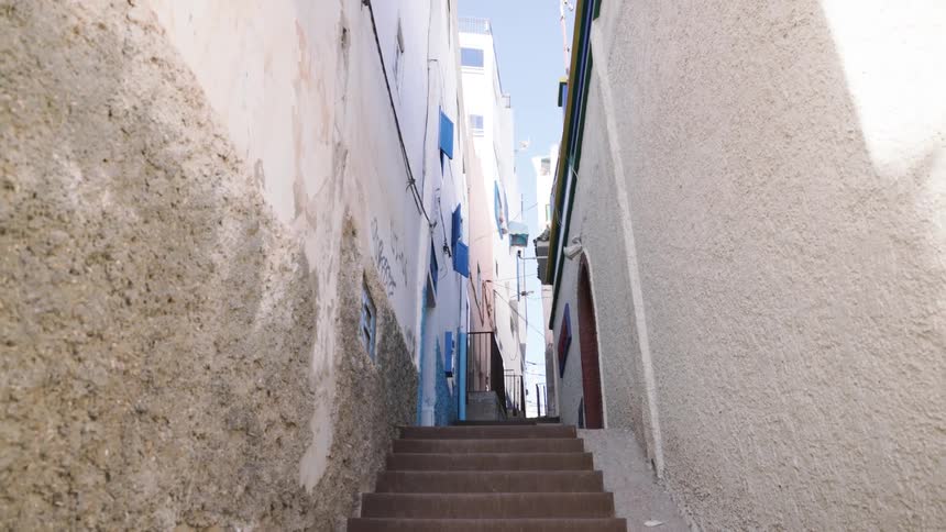 Narrow staircase in an urban neighborhood with classic white house architecture