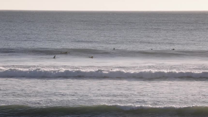 A smooth glassy wave rises evenly across the horizon as several surfers sit poised along its crest waiting for the swell to break