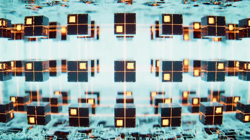 Cubes with glowing squares form rows and columns that float between the glowing energy waves covering digital line images
