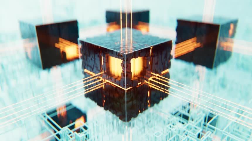 Light beams connect high tech cubes in a grid that flips