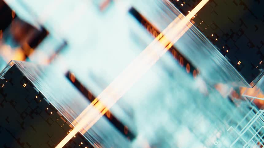 A symmetrical cgi animation shows glowing digital blocks forming a futuristic data network