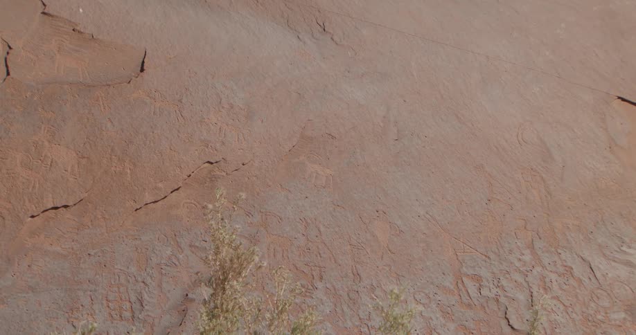 Reddish rock wall with natural cracks and shrub vegetation at the base