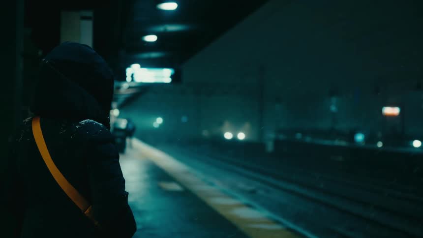 A person wearing a black hooded jacket with a yellow strap stands on a dark train platform at night as snow falls and distant lights glow