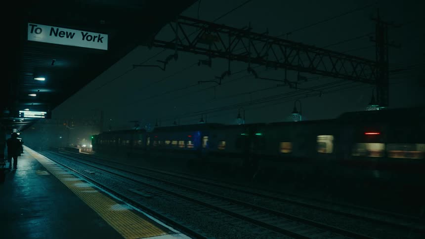 Train passing through a subway station at night