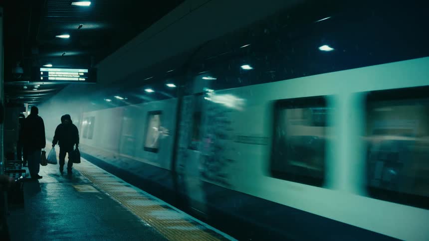 Metro platform with passengers waiting as a train passes in motion under artificial lighting