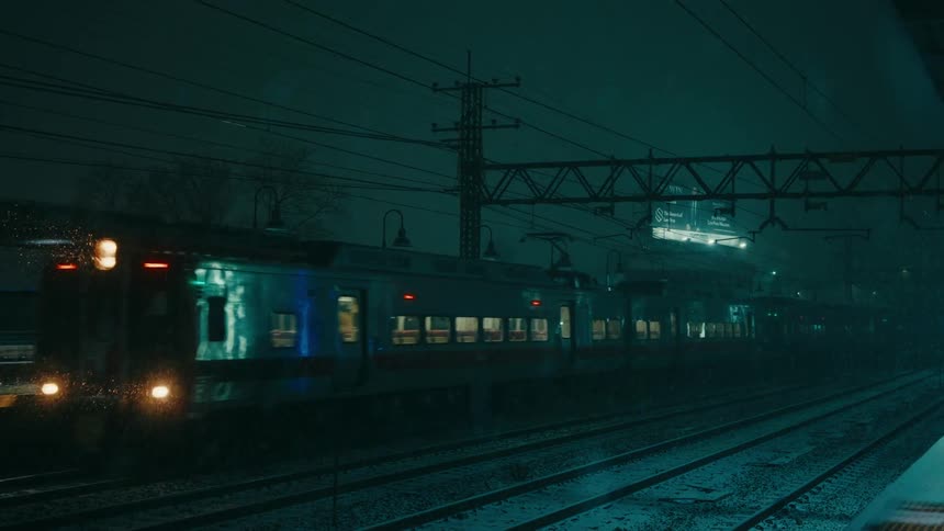 A rainsoaked night a dimly lit train glides into a nearly empty station its glowing headlights and windows reflecting off wet tracks beneath a web of overhead power lines and flickering platform signs