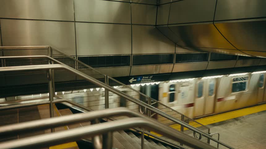 A train moves through a train station