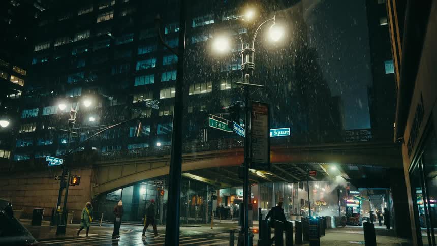On a rainy city night pedestrians cross a wet intersection beneath glowing streetlights and towering office buildings while traffic and distant storefronts animate the scene
