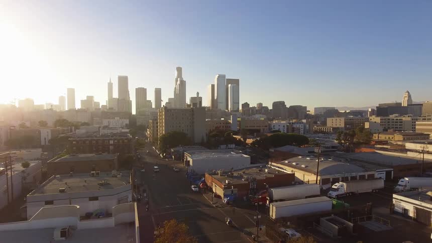 Aerial pushing in on downtown Los Angeles